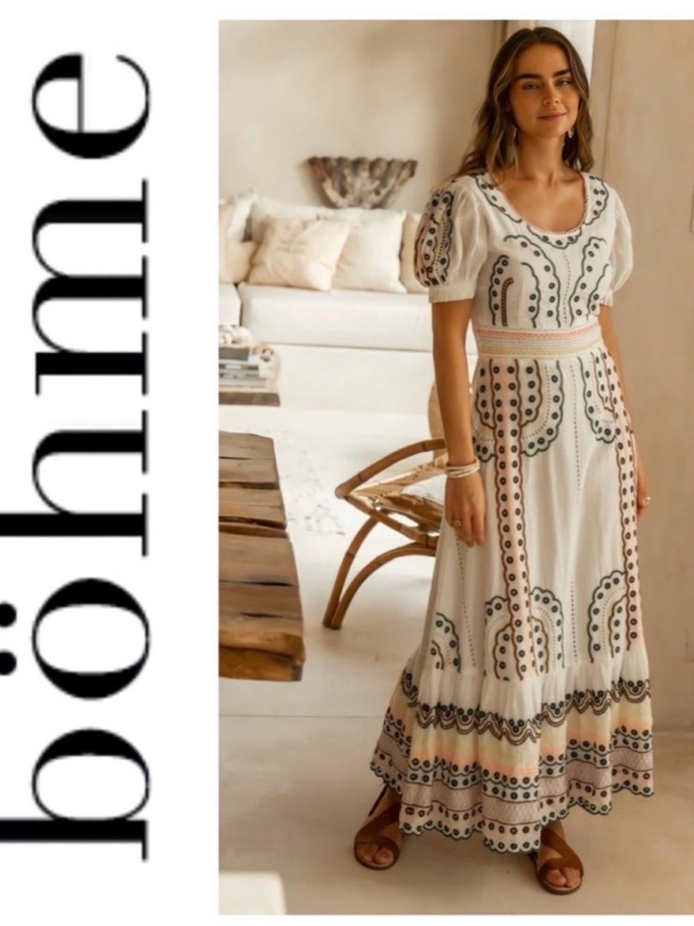 bohme White Maxi Dress with Green and Pink Embroidery